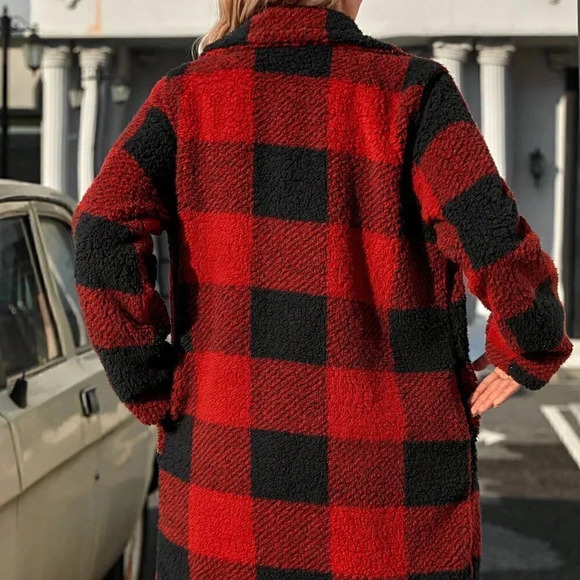 Red Preppy Womens Buffalo Plaid Print Lapel Neck Drop Shoulder Flannel… - Picture 2 of 5